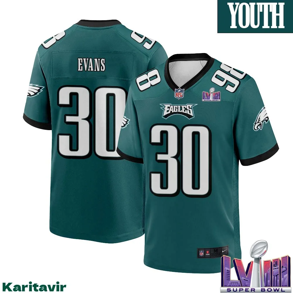 Justin Evans No 30 Youth Midnight Green Philadelphia Eagles Super Bowl LVIII Home Game Player Jersey