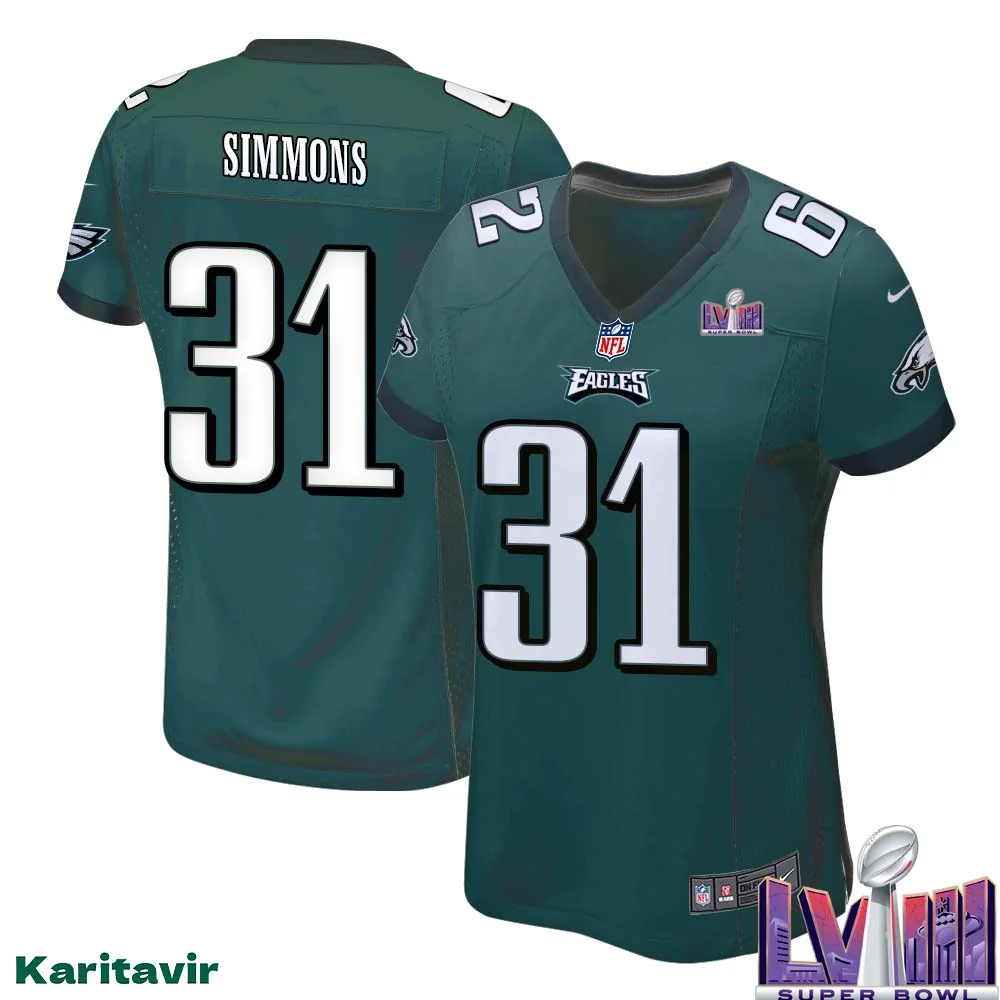 Justin Simmons No 31 Women Midnight Green Philadelphia Eagles Super Bowl LVIII Home Game Player Jersey 1