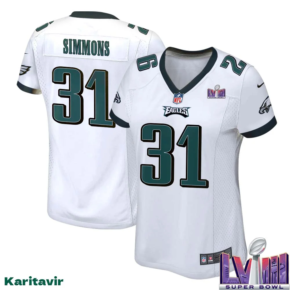 Justin Simmons No 31 Women White Eagles Super Bowl LVIII Away Game Player Jersey 1