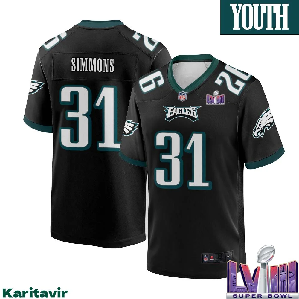 Justin Simmons No 31 Youth Black Philadelphia Eagles Super Bowl LVIII Alternate Game Player Jersey 1