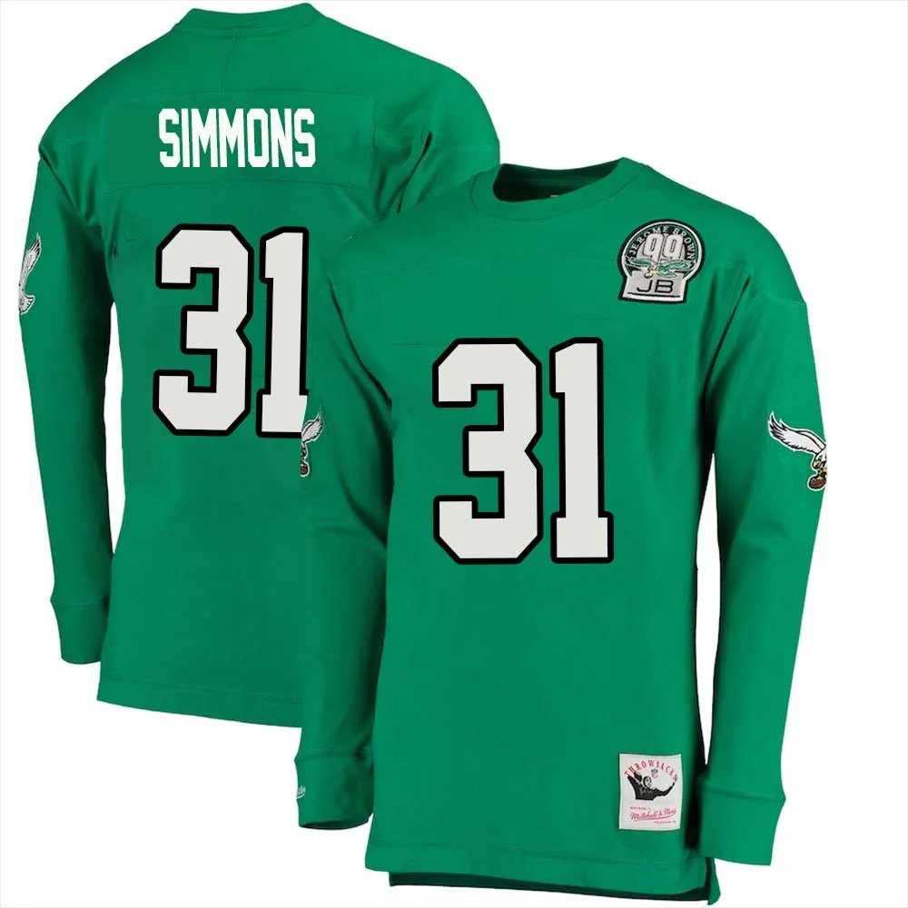 Justin Simmonsno 31 Mitchell Ness Kelly Long Sleeve Top Green Philadelphia Eagles Throwback Retired Player 1