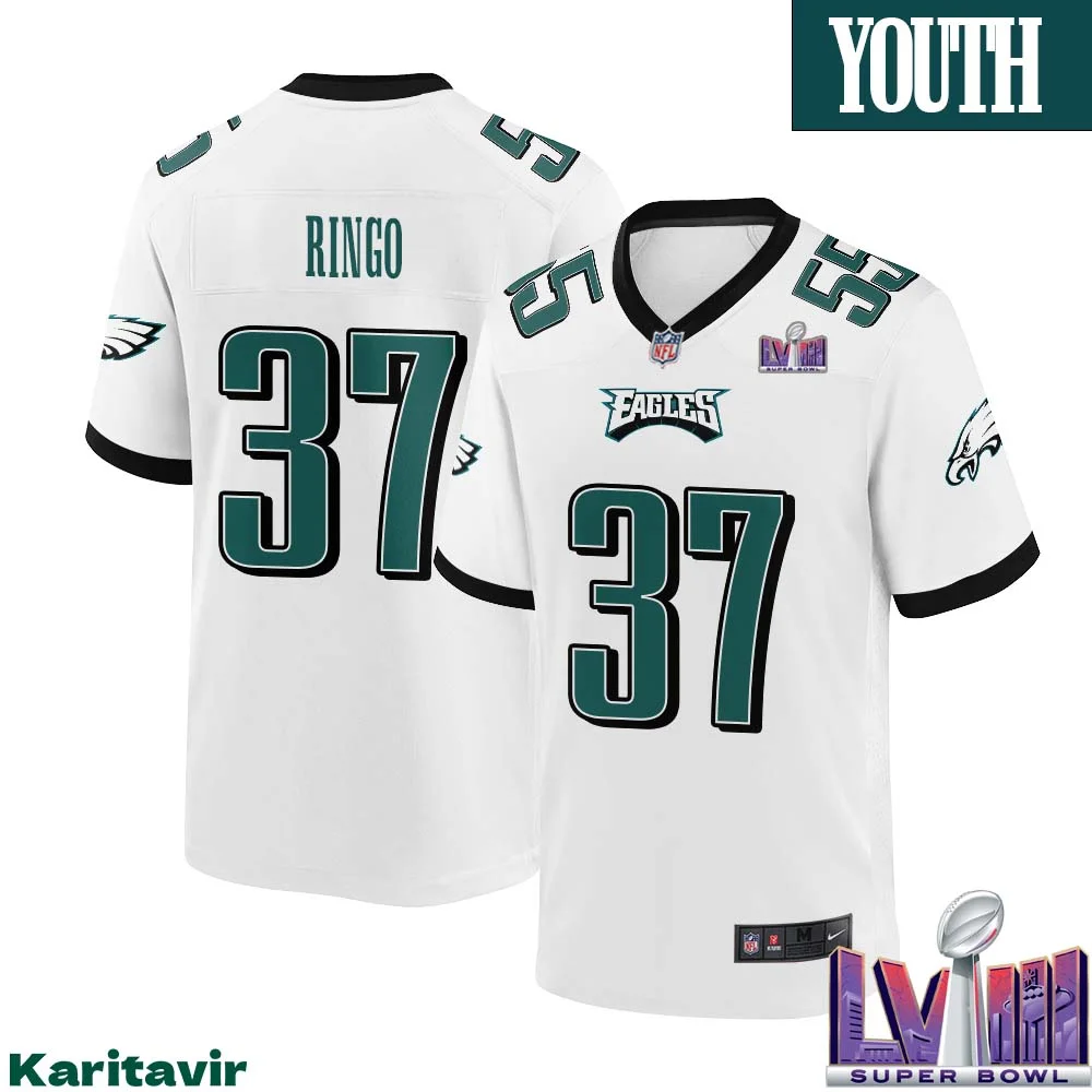 Kelee Ringo No 37 Youth White Philadelphia Eagles Super Bowl LVIII Away Game Player Jersey 1
