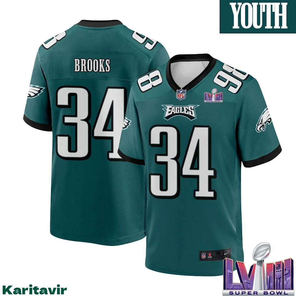 Kennedy Brooks No 34 Youth Midnight Green Philadelphia Eagles Super Bowl LVIII Home Game Player Jersey