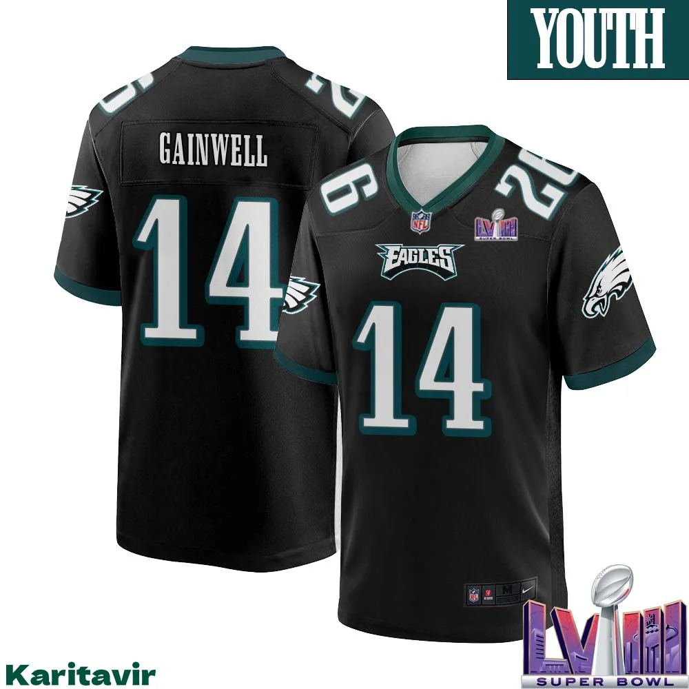 Kenneth Gainwell No 14 Youth Black Philadelphia Eagles Super Bowl LVIII Alternate Game Player Jersey 1