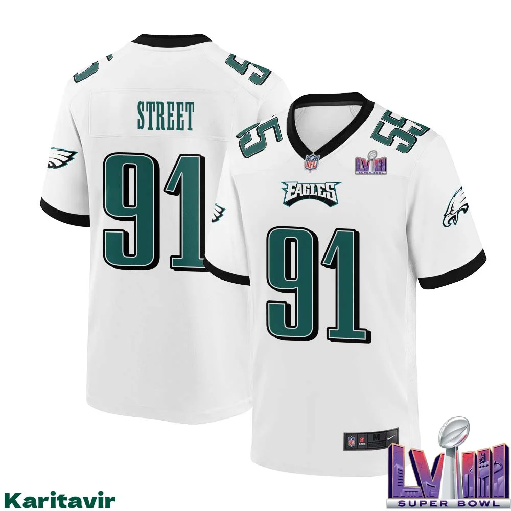 Kentavius Street No 91 Men White Philadelphia Eagles Super Bowl LVIII Away Game Player Jersey 1