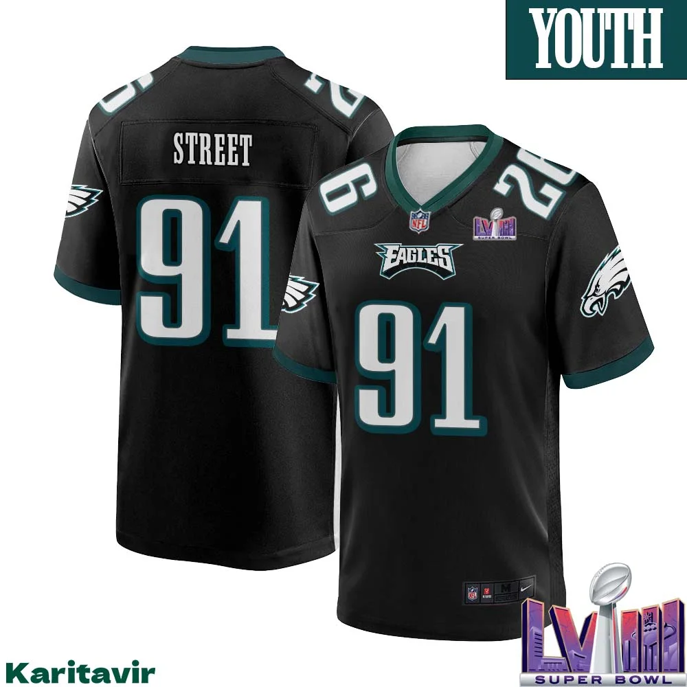 Kentavius Street No 91 Youth Black Philadelphia Eagles Super Bowl LVIII Alternate Game Player Jersey
