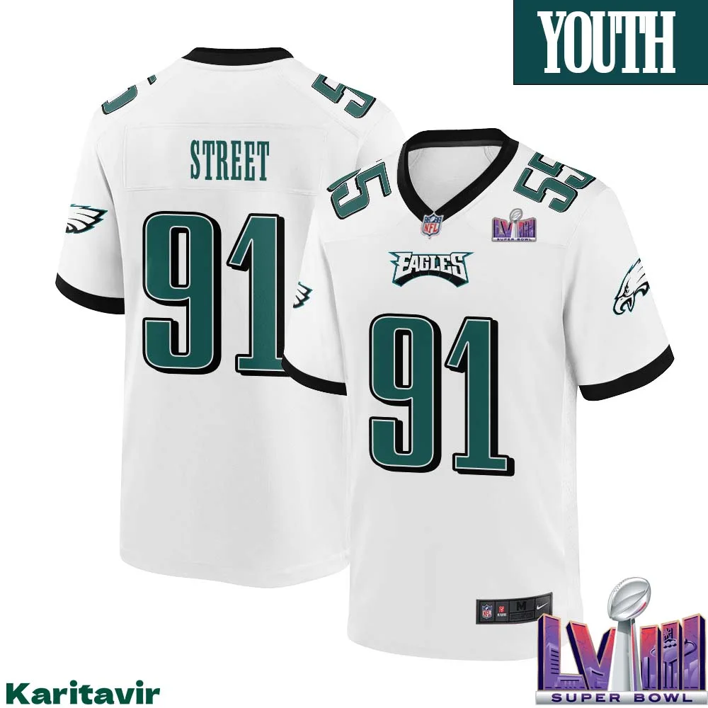 Kentavius Street No 91 Youth White Philadelphia Eagles Super Bowl LVIII Away Game Player Jersey