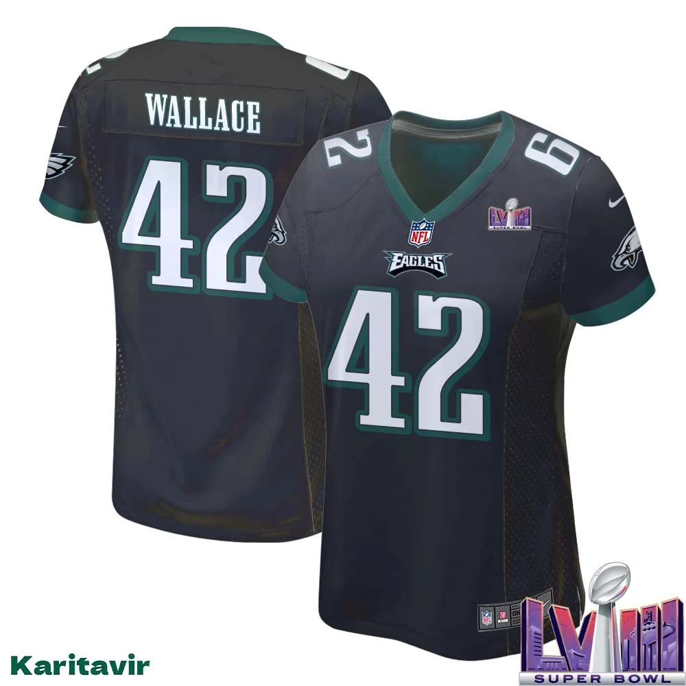 KVon Wallace No 42 Women Black Philadelphia Eagles Super Bowl LVIII Alternate Game Player Jersey 1