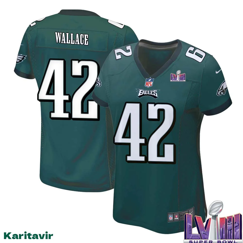 KVon Wallace No 42 Women Midnight Green Philadelphia Eagles Super Bowl LVIII Home Game Player Jersey 1