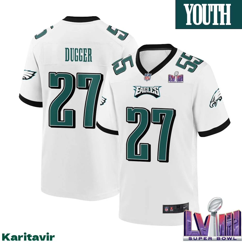 Kyle Dugger No 27 Youth White Philadelphia Eagles Super Bowl LVIII Away Game Player Jersey