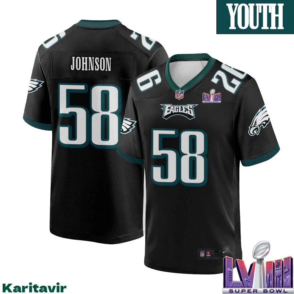 Kyron Johnson No 58 Youth Black Philadelphia Eagles Super Bowl LVIII Alternate Game Player Jersey