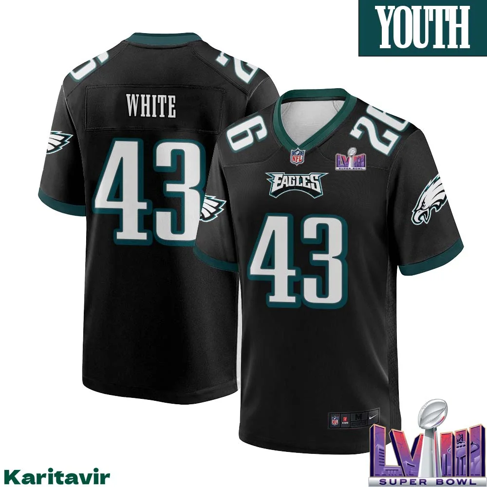 Kyzir White No 43 Youth Black Philadelphia Eagles Super Bowl LVIII Alternate Game Player Jersey