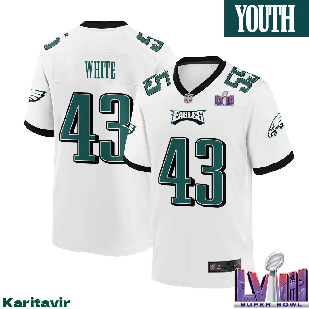 Kyzir White No 43 Youth White Philadelphia Eagles Super Bowl LVIII Away Game Player Jersey