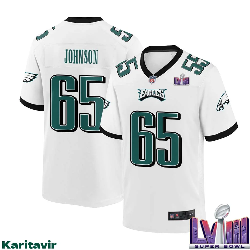 Lane Johnson No 65 Men White Philadelphia Eagles Super Bowl LVIII Away Game Player Jersey 1