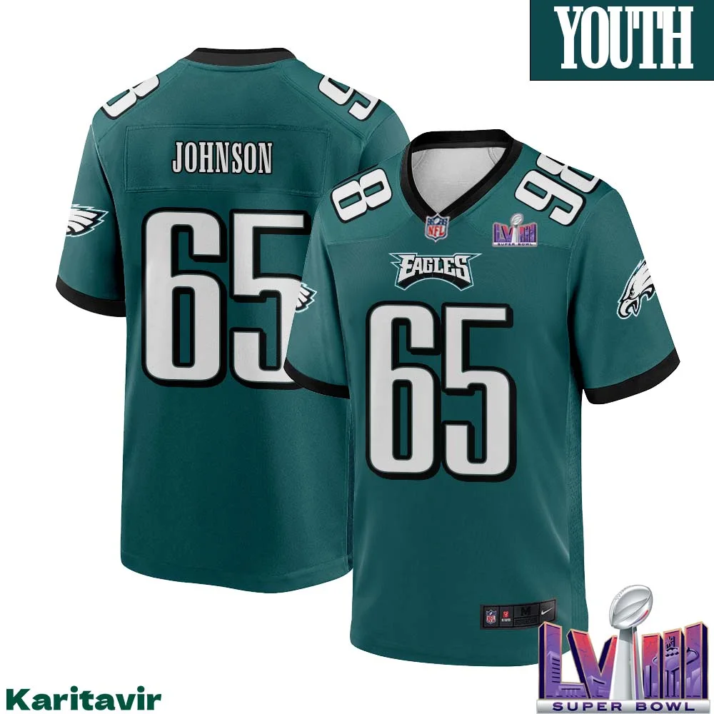 Lane Johnson No 65 Youth Midnight Green Philadelphia Eagles Super Bowl LVIII Home Game Player Jersey 1