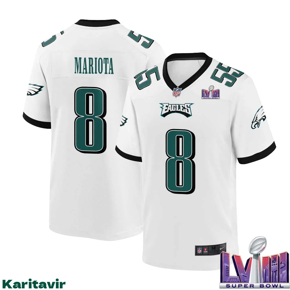 Marcus Mariota No 8 Men White Philadelphia Eagles Super Bowl LVIII Away Game Player Jersey