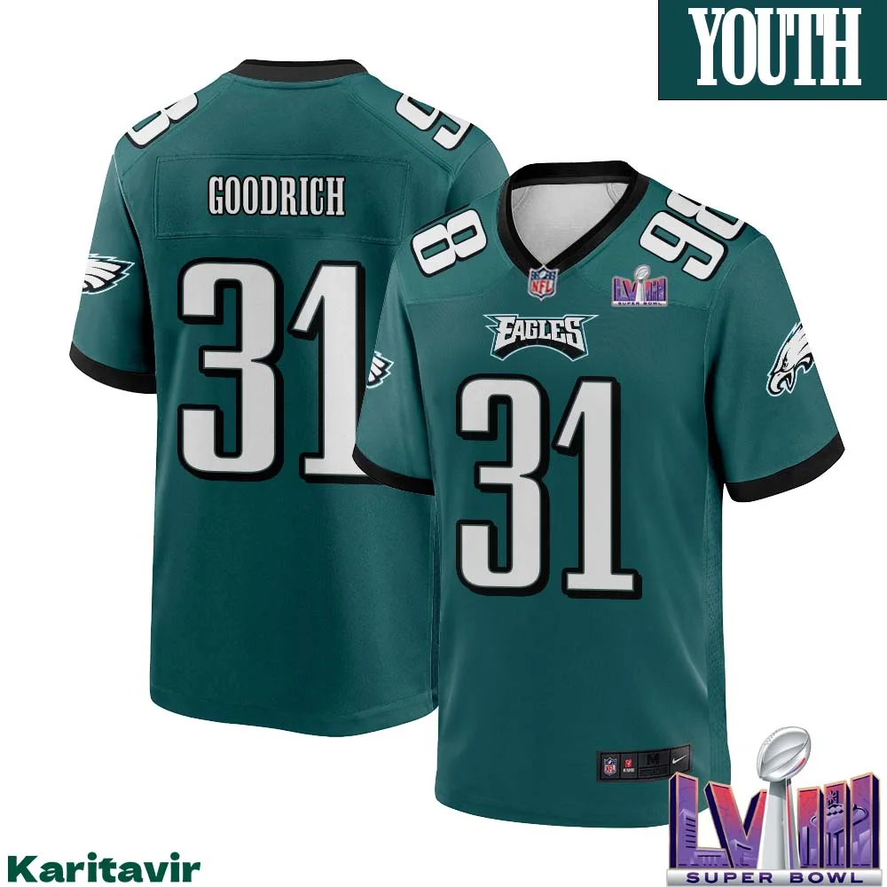 Mario Goodrich No 31 Youth Midnight Green Philadelphia Eagles Super Bowl LVIII Home Game Player Jersey 1