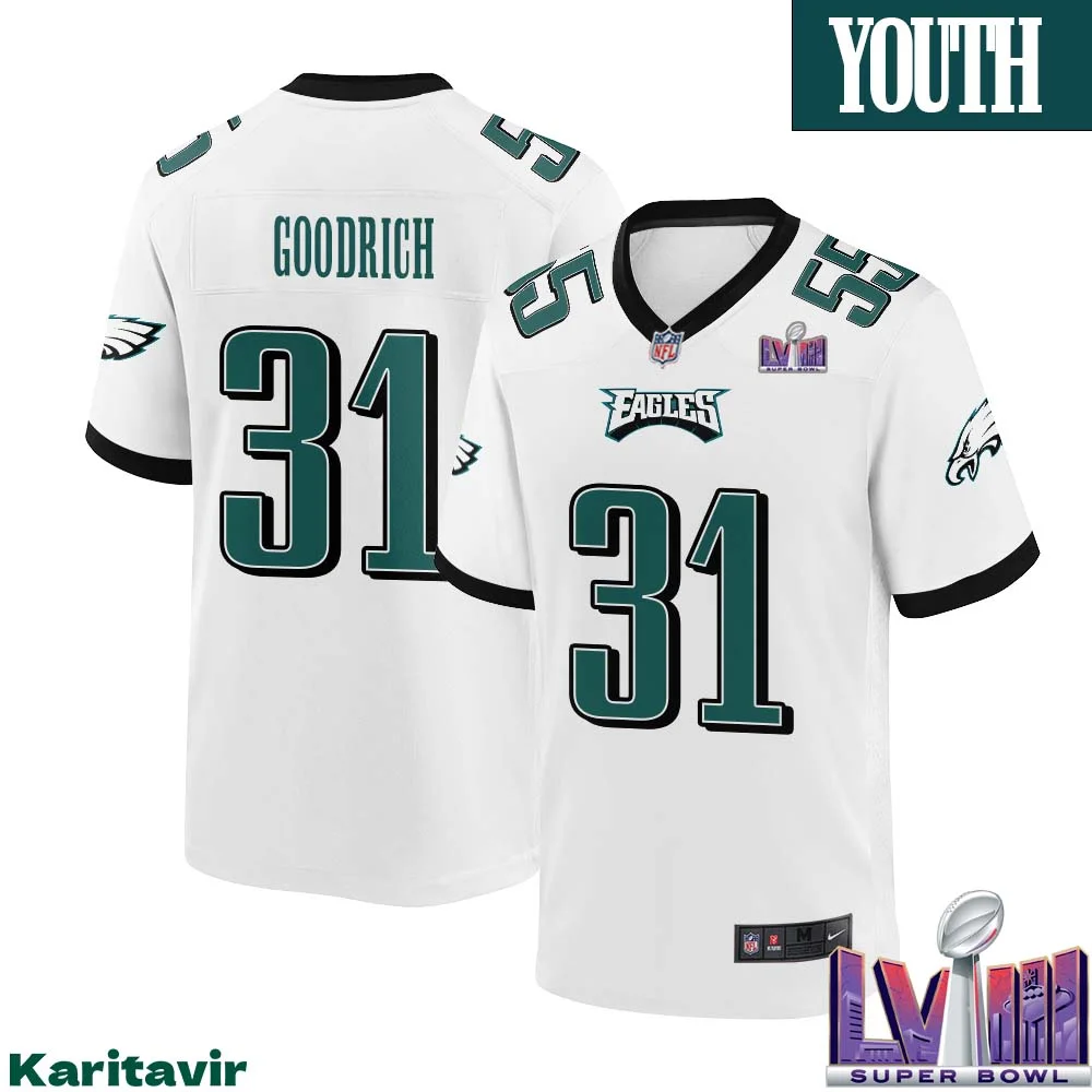 Mario Goodrich No 31 Youth White Philadelphia Eagles Super Bowl LVIII Away Game Player Jersey