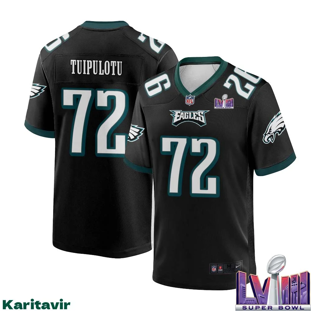Marlon Tuipulotu No 72 Men Black Philadelphia Eagles Super Bowl LVIII Alternate Game Player Jersey 1