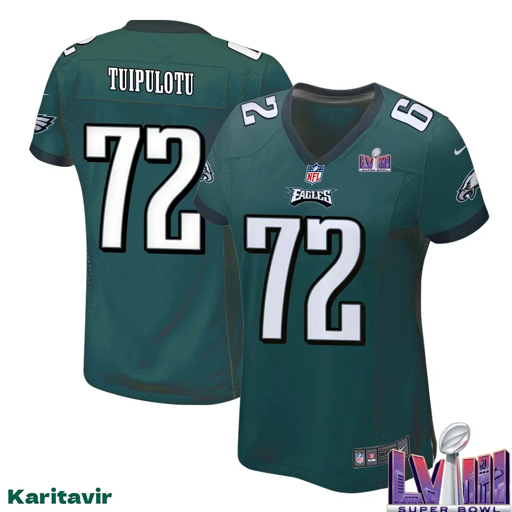 Marlon Tuipulotu No 72 Women Midnight Green Philadelphia Eagles Super Bowl LVIII Home Game Player Jersey 1