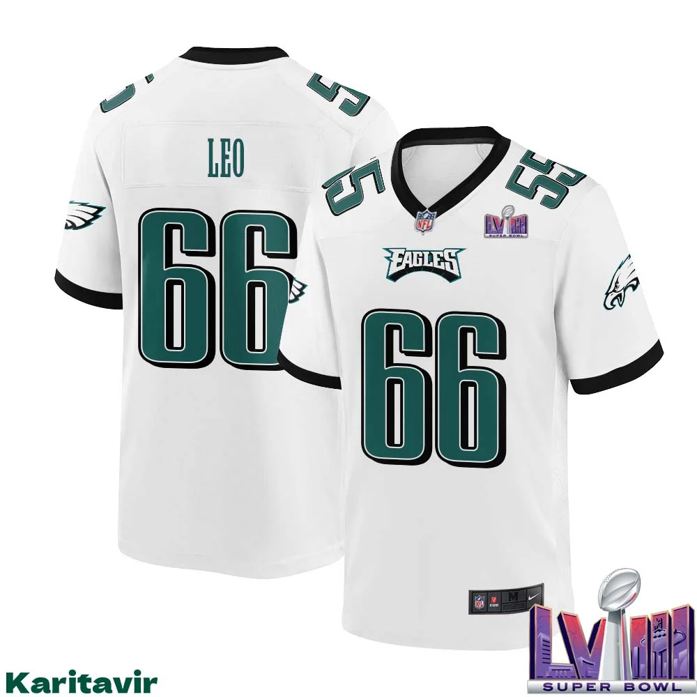 Matt Leo No 66 Men White Philadelphia Eagles Super Bowl LVIII Away Game Player Jersey 1