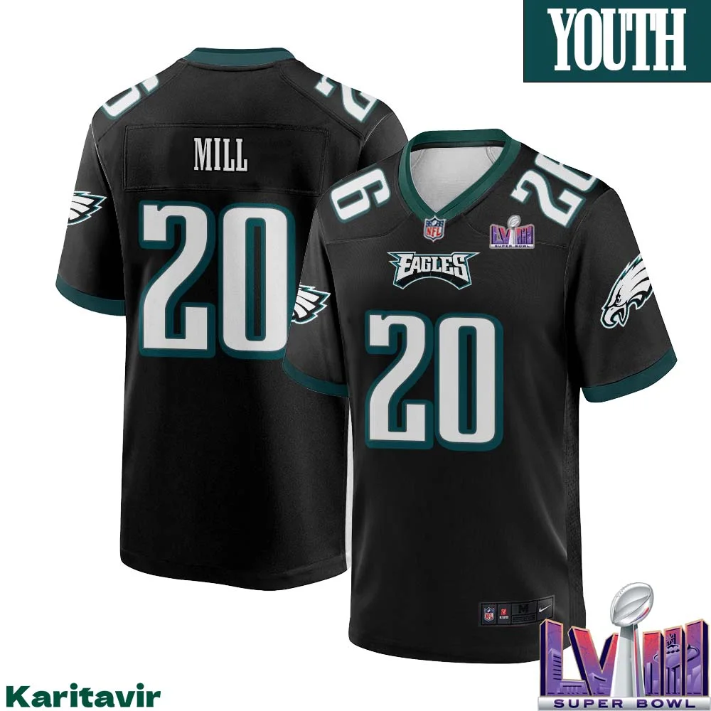 Meek Mill No 20 Youth Black Philadelphia Eagles Super Bowl LVIII Alternate Game Player Jersey 1