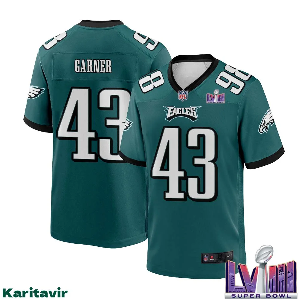 Mekhi Garner No 43 Men Midnight Green Philadelphia Eagles Super Bowl LVIII Home Game Player Jersey 1