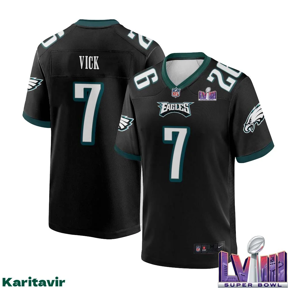 Michael Vick Eagles No 7 Men Black Philadelphia Eagles Super Bowl LVIII Alternate Game Player Jersey 1