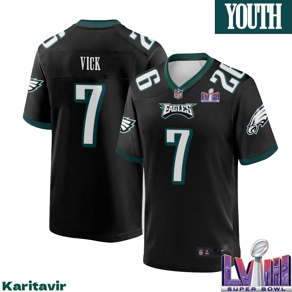 Michael Vick Eagles No 7 Youth Black Philadelphia Eagles Super Bowl LVIII Alternate Game Player Jersey 1