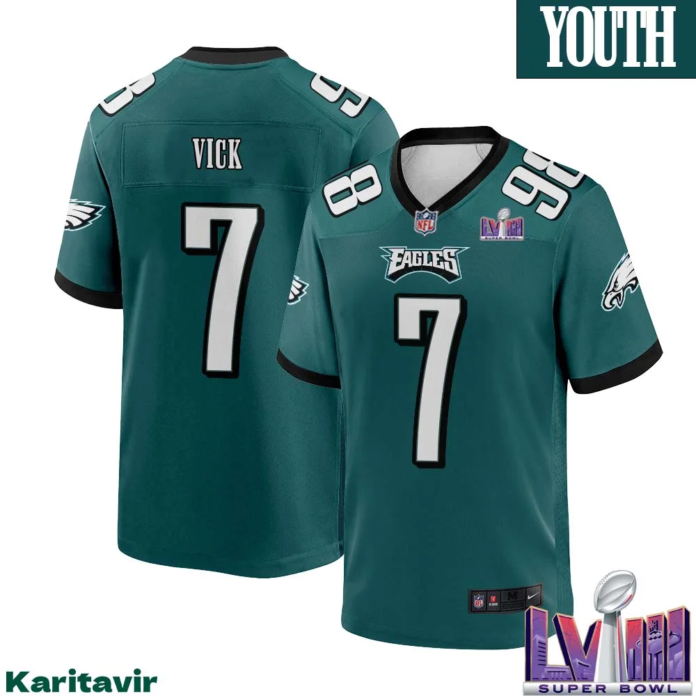 Michael Vick Eagles No 7 Youth Midnight Green Philadelphia Eagles Super Bowl LVIII Home Game Player Jersey 1