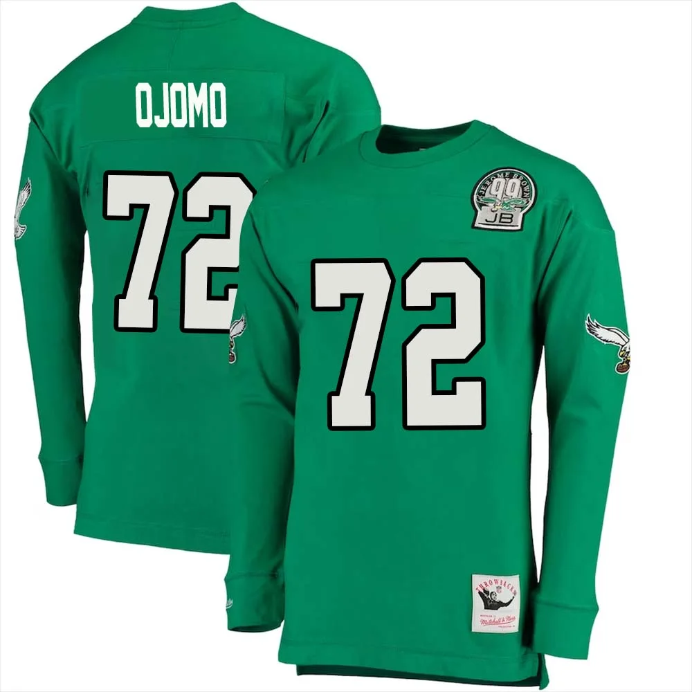 Moro Ojomo No 72 Mitchell Ness Kelly Long Sleeve Top Green Philadelphia Eagles Throwback Retired Player