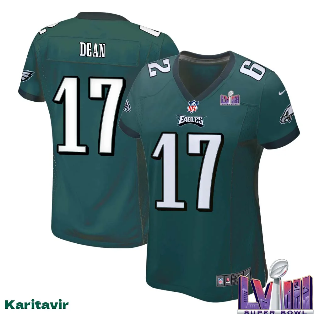 Nakobe Dean No 17 Women Midnight Green Philadelphia Eagles Super Bowl LVIII Home Game Player Jersey 1
