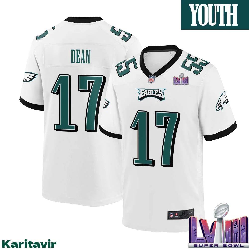 Nakobe Dean No 17 Youth White Philadelphia Eagles Super Bowl LVIII Away Game Player Jersey 1