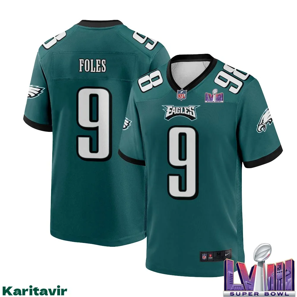 Nick Foles Eagles No 9 Men Midnight Green Philadelphia Eagles Super Bowl LVIII Home Game Player Jersey