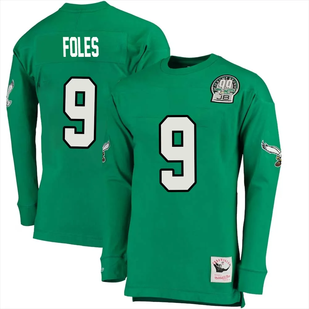 Nick Foles Eagles No 9 Mitchell Ness Kelly Long Sleeve Top Green Philadelphia Eagles Throwback Retired Player 1
