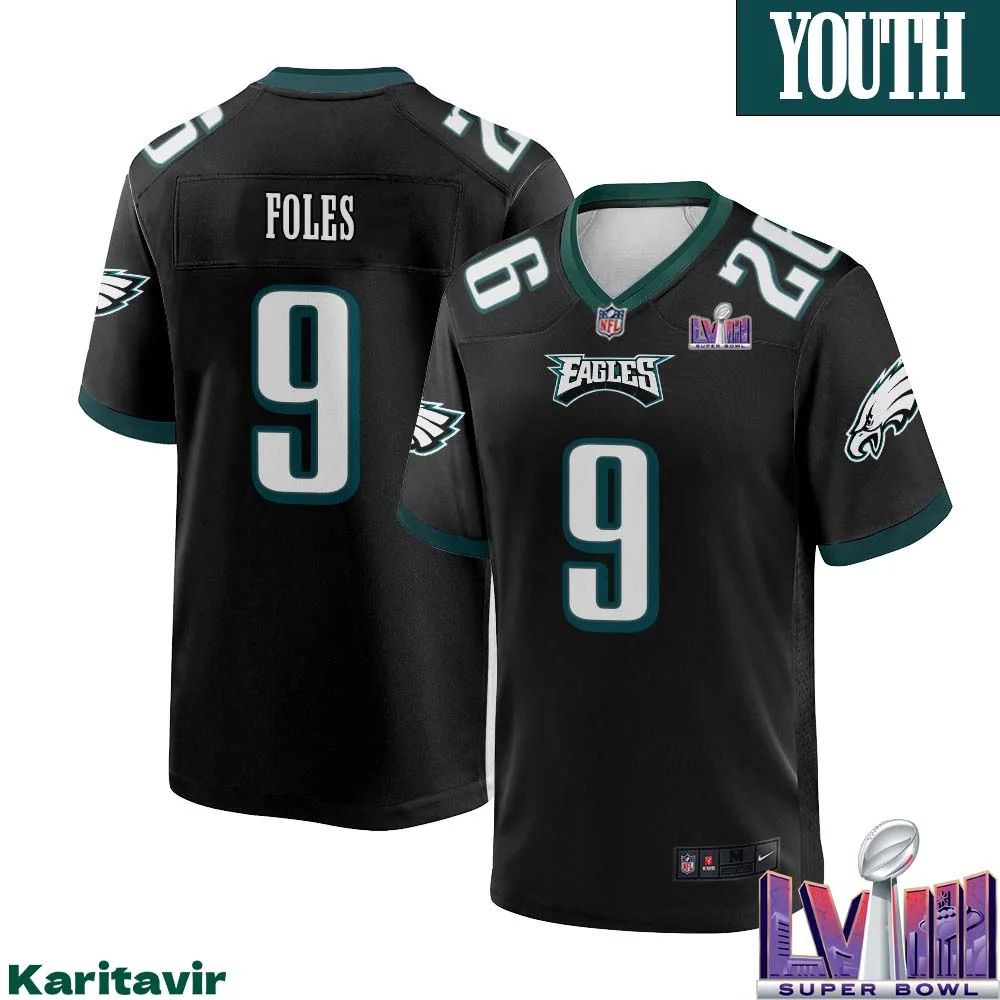 Nick Foles Eagles No 9 Youth Black Philadelphia Eagles Super Bowl LVIII Alternate Game Player Jersey