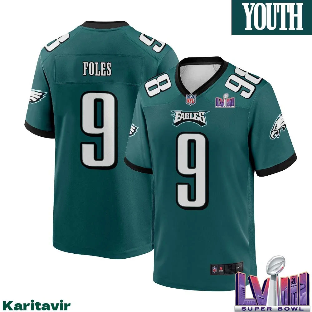 Nick Foles Eagles No 9 Youth Midnight Green Philadelphia Eagles Super Bowl LVIII Home Game Player Jersey 1