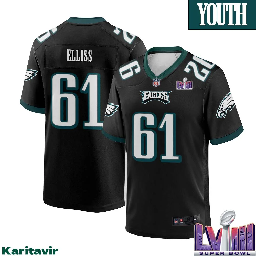 Noah Elliss No 61 Youth Black Philadelphia Eagles Super Bowl LVIII Alternate Game Player Jersey