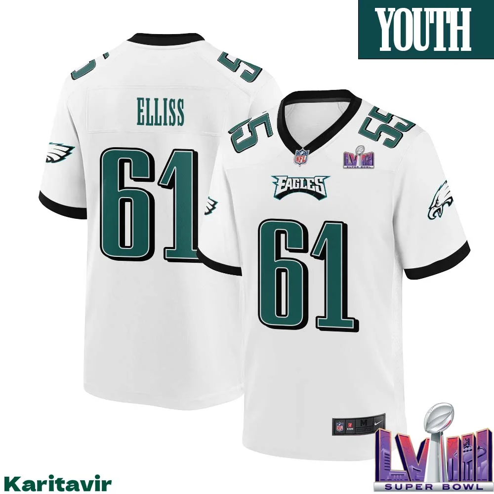 Noah Elliss No 61 Youth White Philadelphia Eagles Super Bowl LVIII Away Game Player Jersey