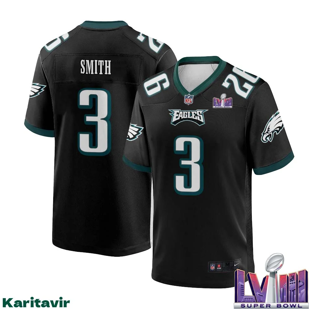 Nolan Smith No 3 Men Black Philadelphia Eagles Super Bowl LVIII Alternate Game Player Jersey 1