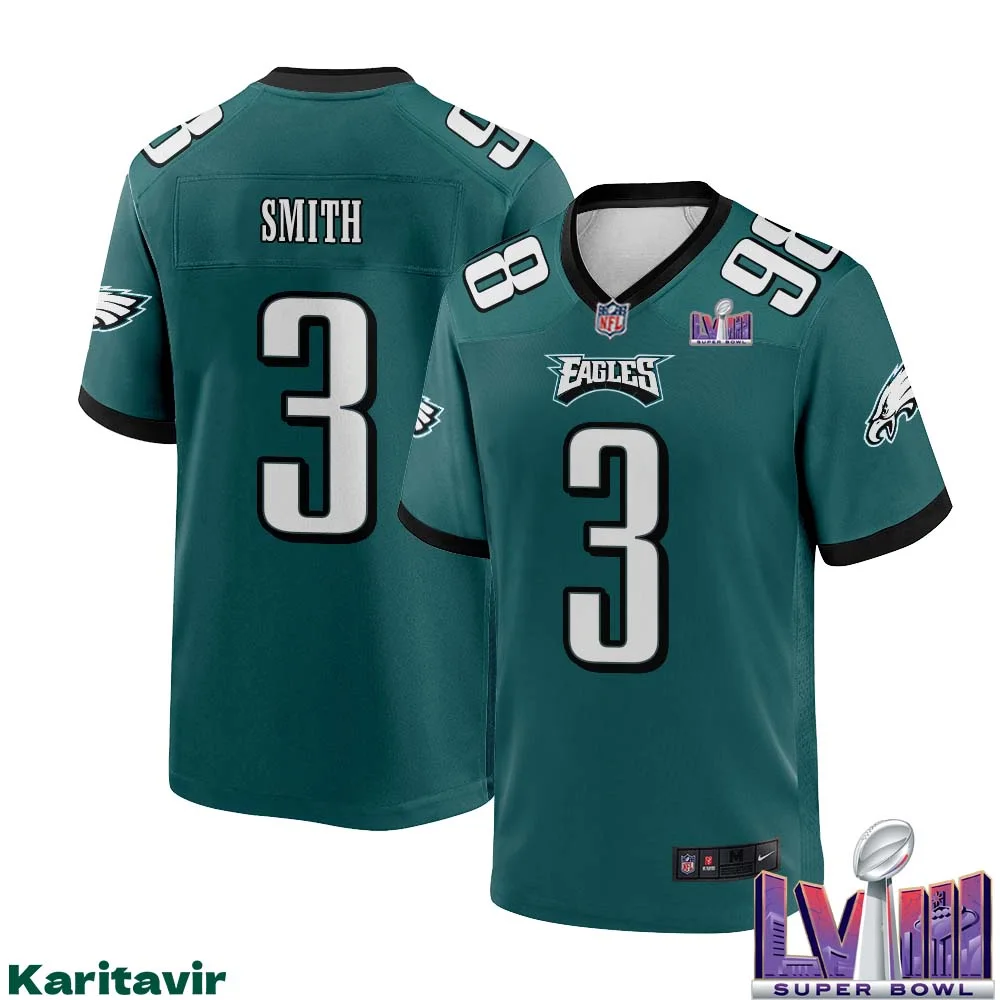 Nolan Smith No 3 Men Midnight Green Philadelphia Eagles Super Bowl LVIII Home Game Player Jersey