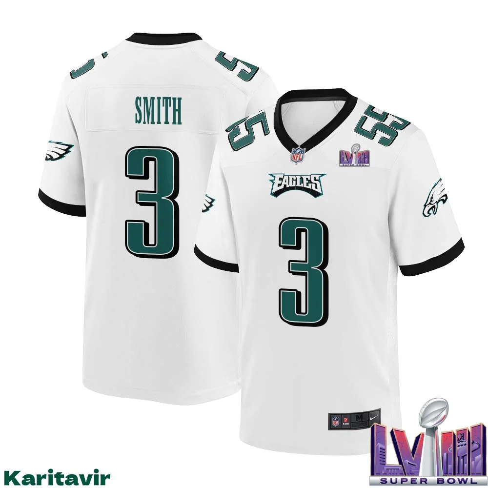 Nolan Smith No 3 Men White Philadelphia Eagles Super Bowl LVIII Away Game Player Jersey