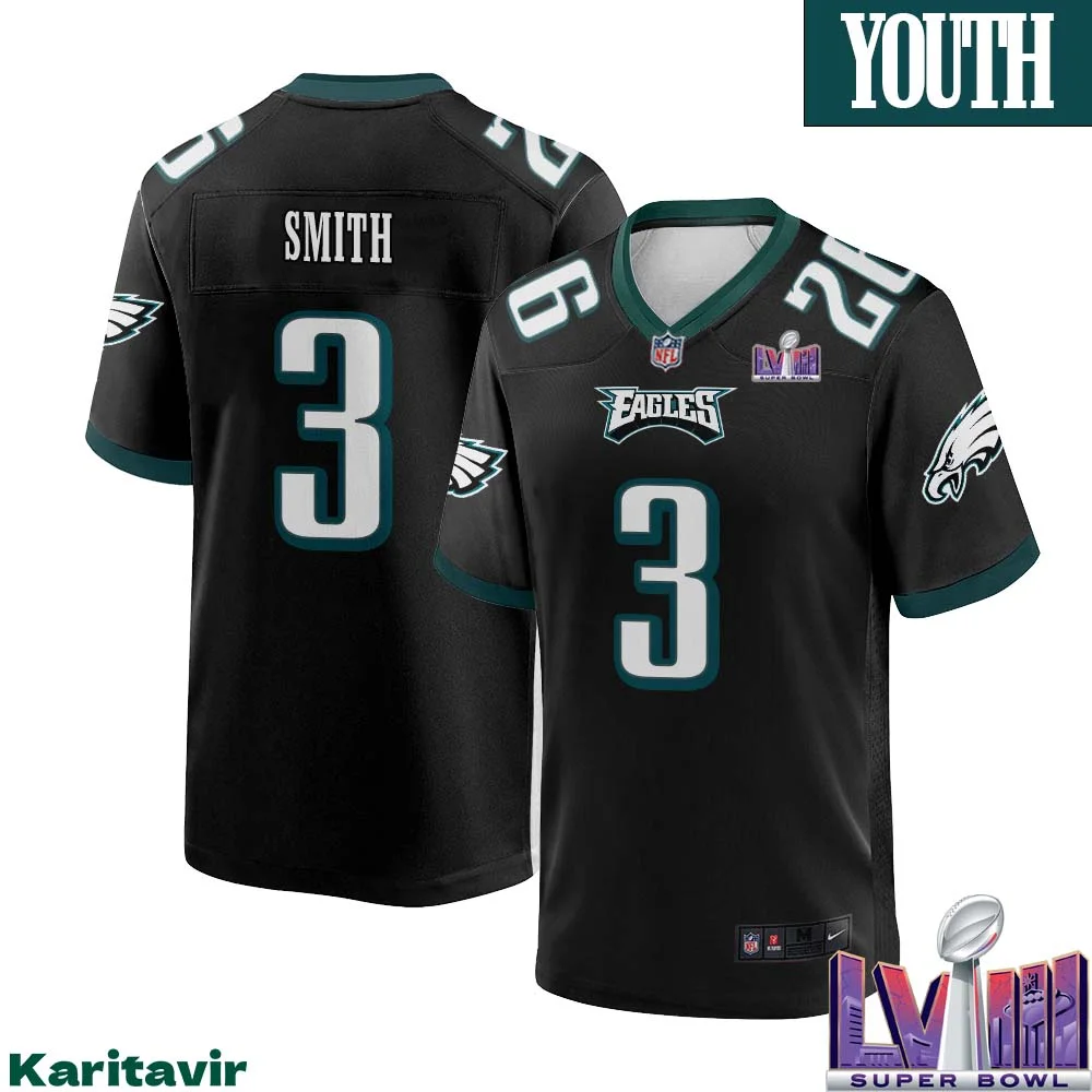 Nolan Smith No 3 Youth Black Philadelphia Eagles Super Bowl LVIII Alternate Game Player Jersey
