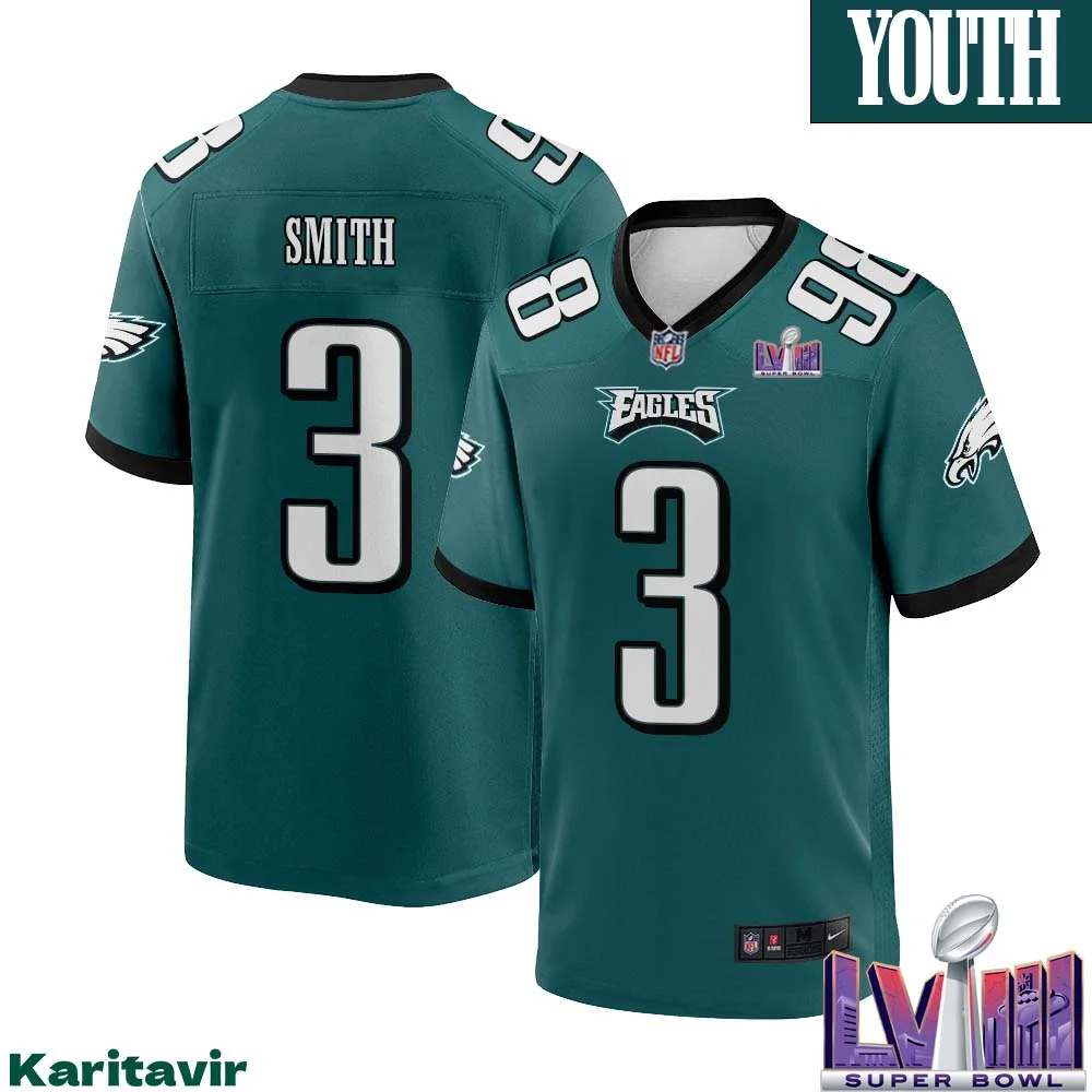 Nolan Smith No 3 Youth Midnight Green Philadelphia Eagles Super Bowl LVIII Home Game Player Jersey 1