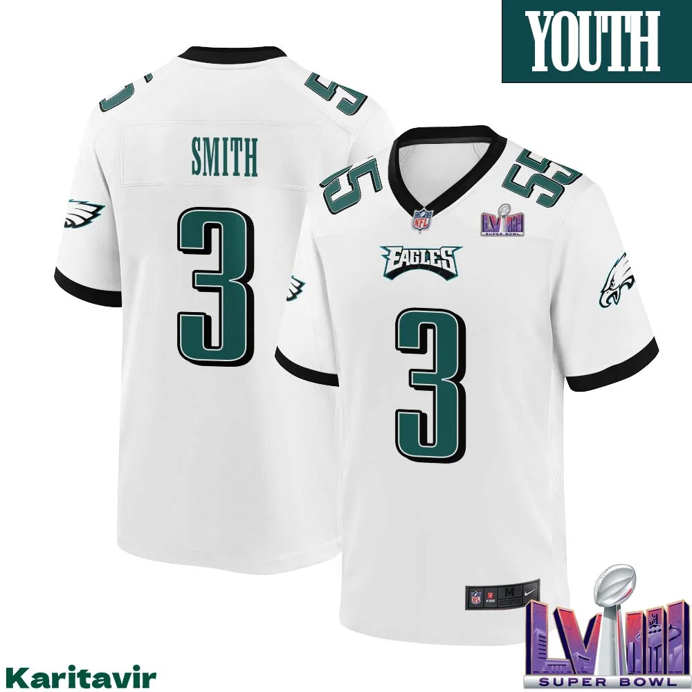 Nolan Smith No 3 Youth White Philadelphia Eagles Super Bowl LVIII Away Game Player Jersey