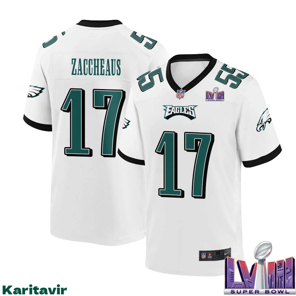 Olamide Zaccheaus No 17 Men White Philadelphia Eagles Super Bowl LVIII Away Game Player Jersey