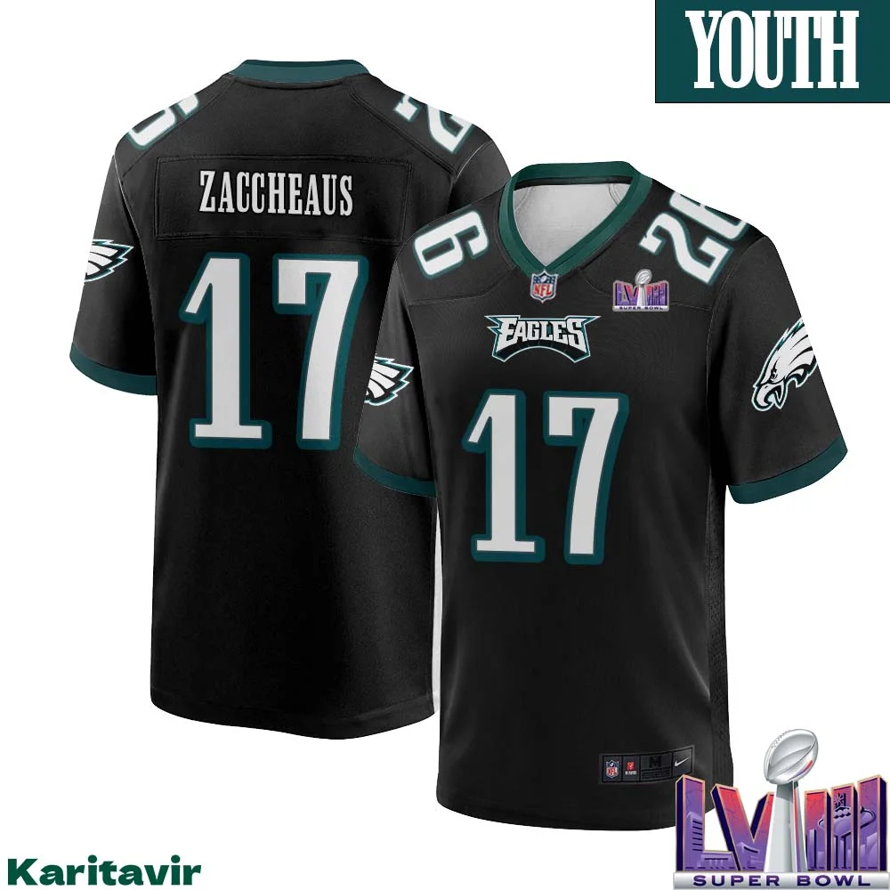 Olamide Zaccheaus No 17 Youth Black Philadelphia Eagles Super Bowl LVIII Alternate Game Player Jersey 1