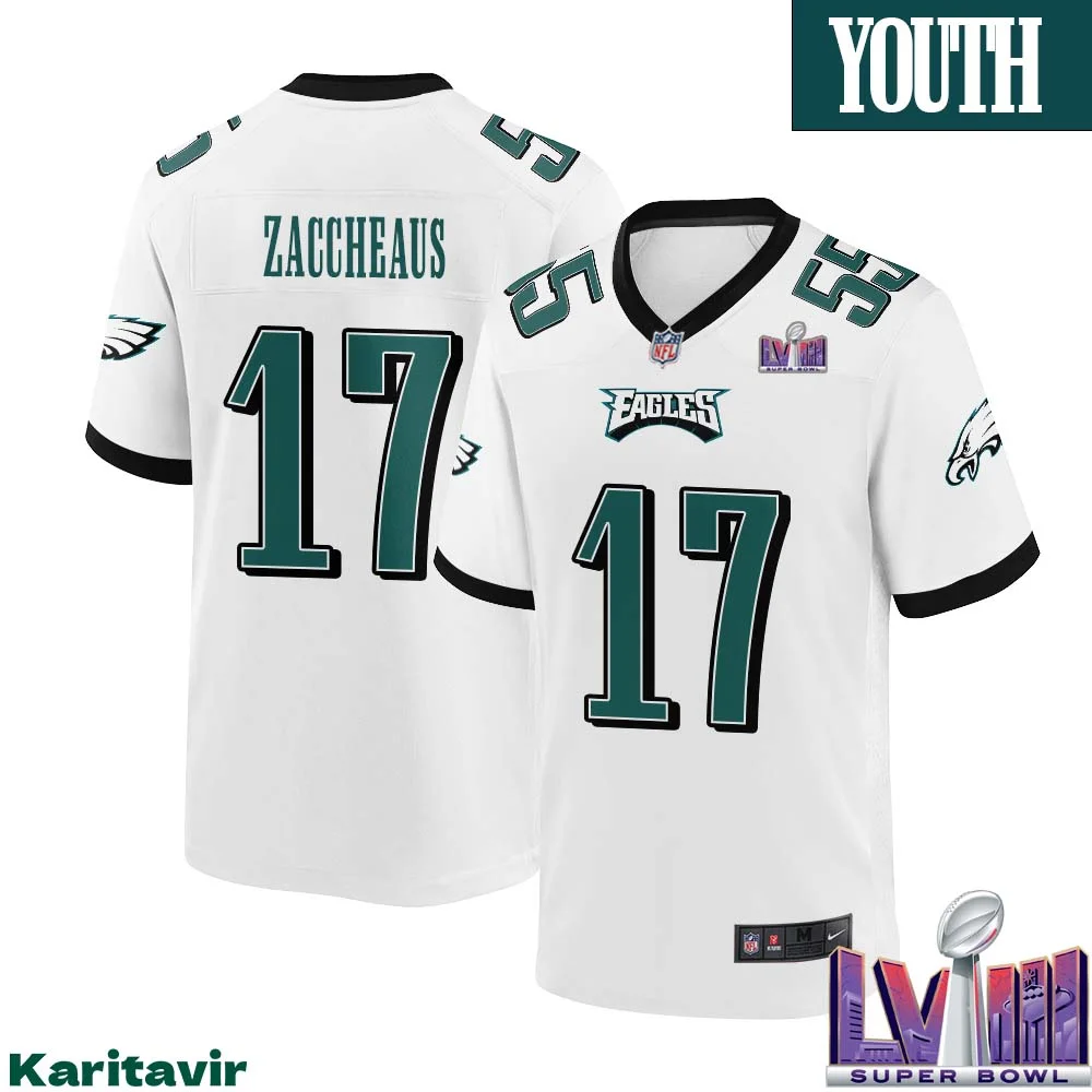 Olamide Zaccheaus No 17 Youth White Philadelphia Eagles Super Bowl LVIII Away Game Player Jersey 1