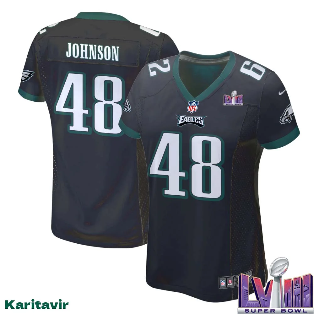 Patrick Johnson No 48 Women Black Philadelphia Eagles Super Bowl LVIII Alternate Game Player Jersey