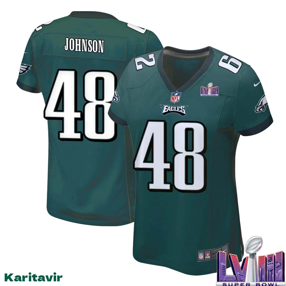 Patrick Johnson No 48 Women Midnight Green Philadelphia Eagles Super Bowl LVIII Home Game Player Jersey 1